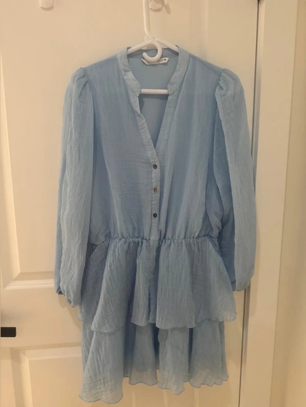 Light Blue Tiered Long Sleeve Babydoll Dress